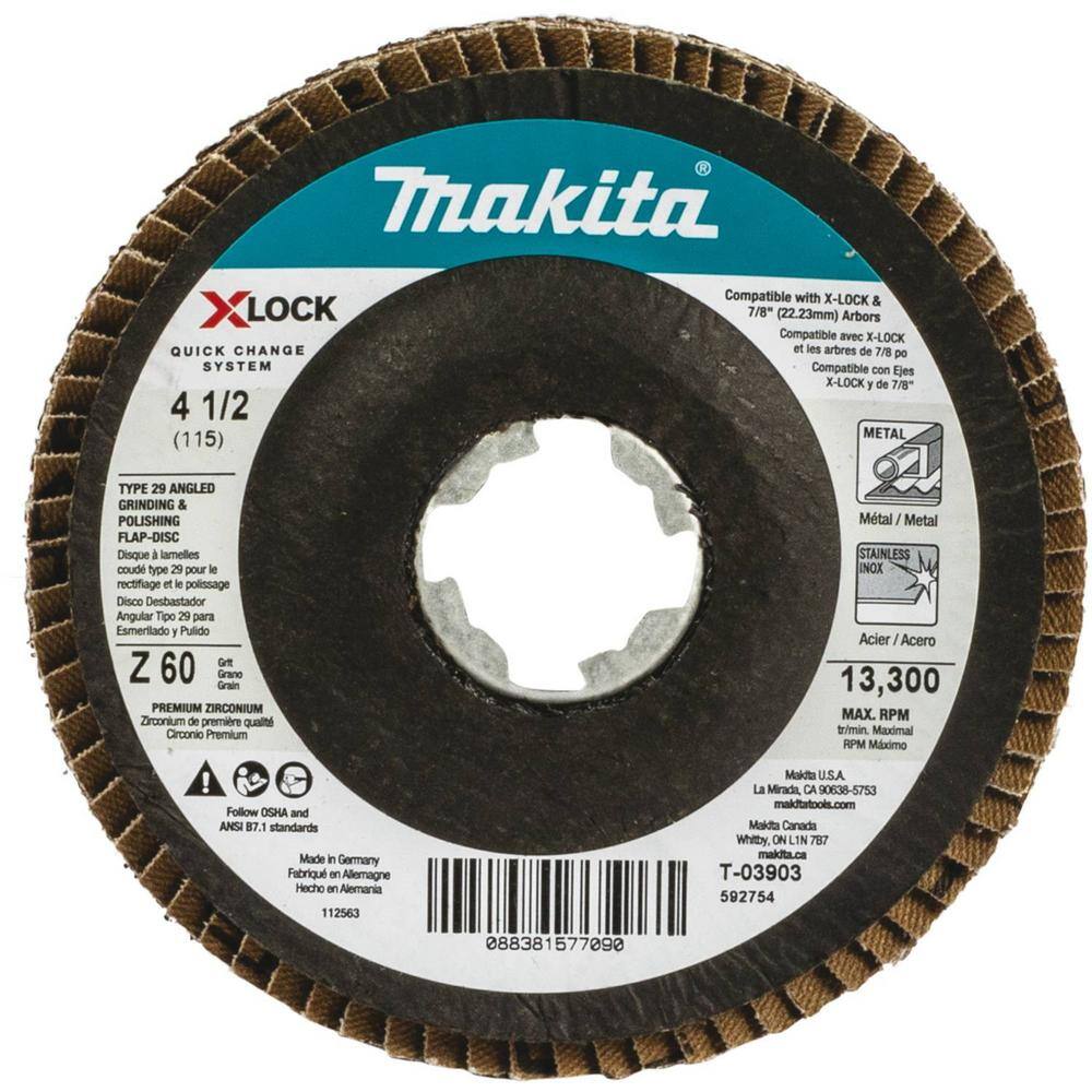 Makita X-LOCK 4‑12 in. 60 Grit Type 29 Angled Grinding and Polishing Flap Disc X-LOCK and All 78 in. Arbor Grinders (3-Pack) T-03903-3