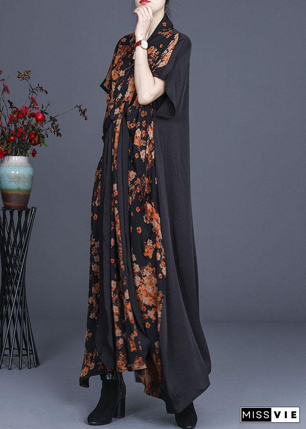 Natural Black Print Patchwork Silk Summer Maxi Dress