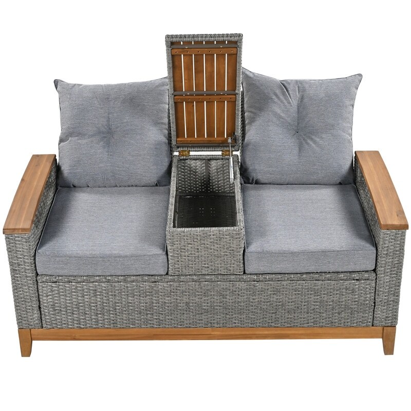 Outdoor Patio Sofa Adjustable Loveseat with Storage Armrest