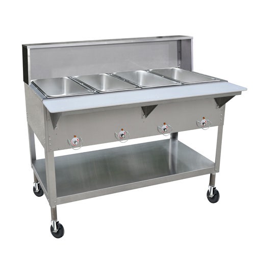 Kratos 28W-204 Mobile Four Pan Open Well Electric Steam Table with Undershelf， Overshelf， and Sneeze Guard， 240V， 3000W