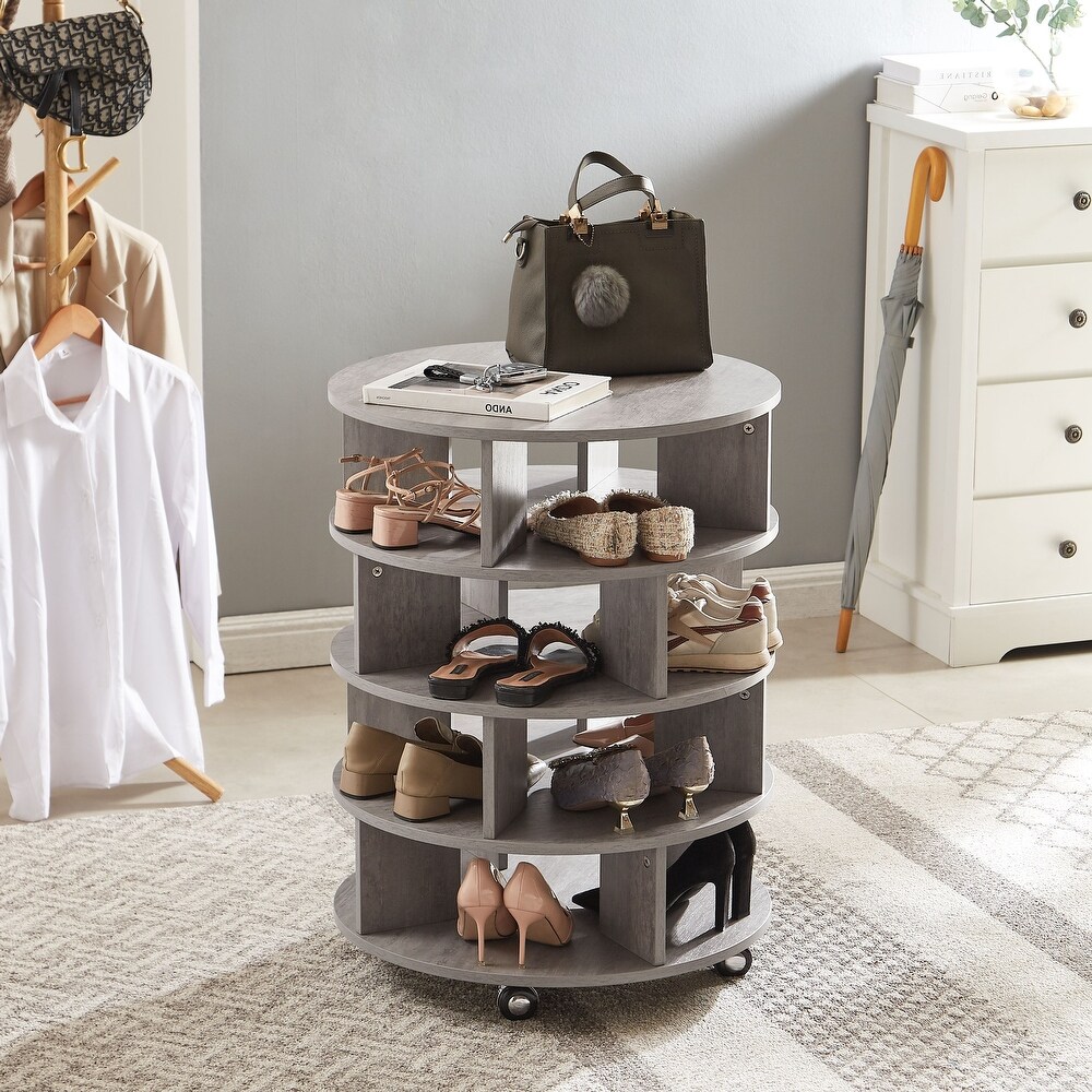 Round pushable wooden shoe cabinet on wheels for 16 20 pairs of shoes