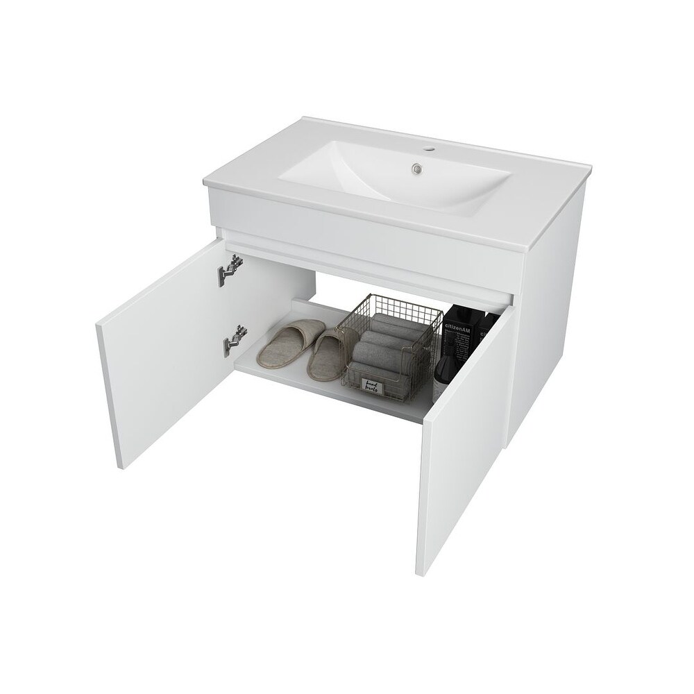 Wall Mounted Bathroom Vanity with White Ceramic Basin Solid Wood Excluding faucets