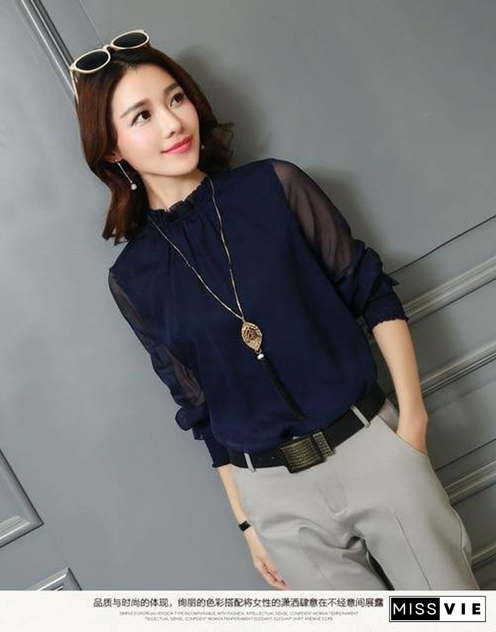 Chiffon Blouse New Women Tops Long Sleeve Stand Neck Work Wear Shirts Elegant Lady Casual Blouses women's blusas Plus size