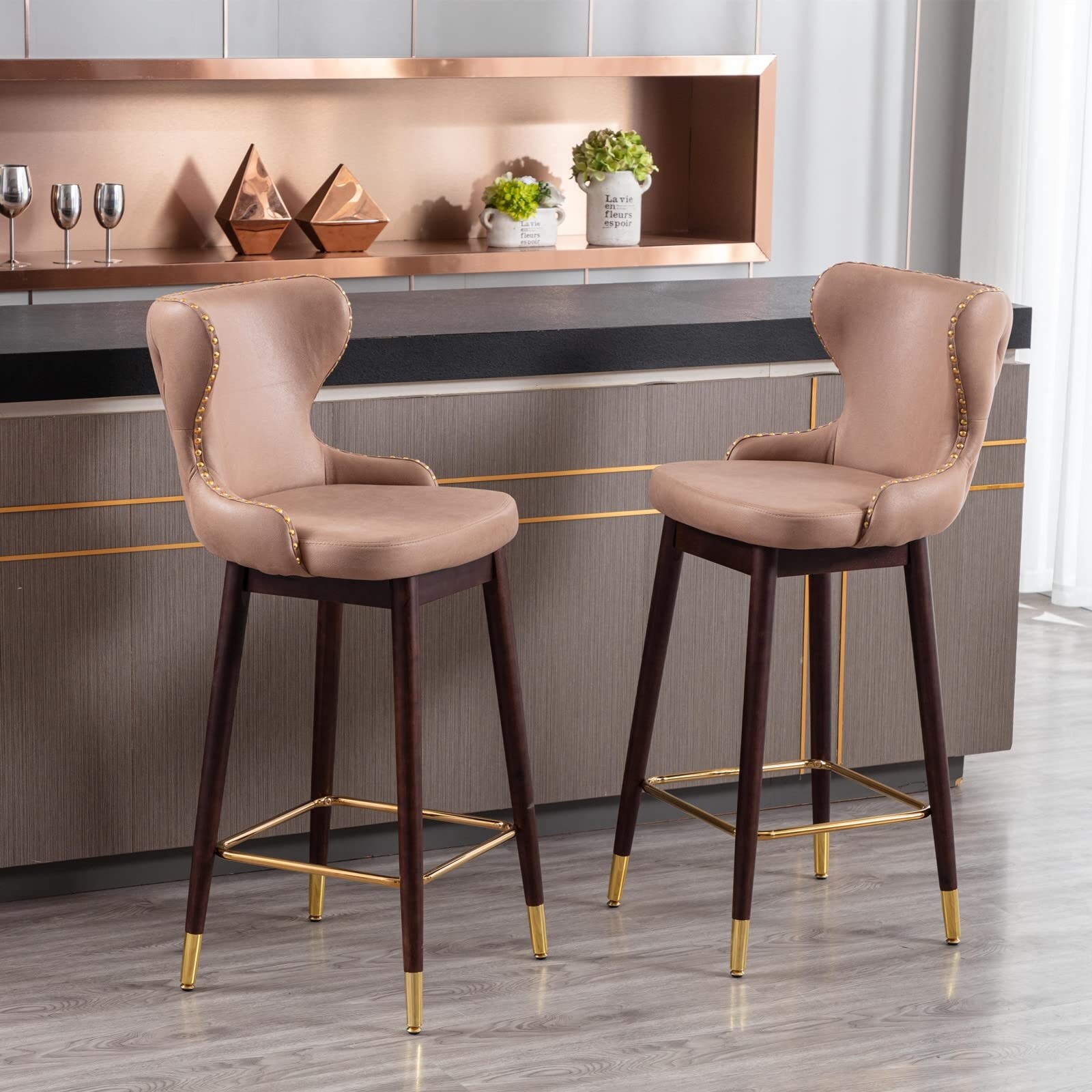 29.5 Inch Bar Height Bar Stools Set of 2， Bar Chair with Wingback and Footrest， Counter Stool with Nailhead Trim - as picture