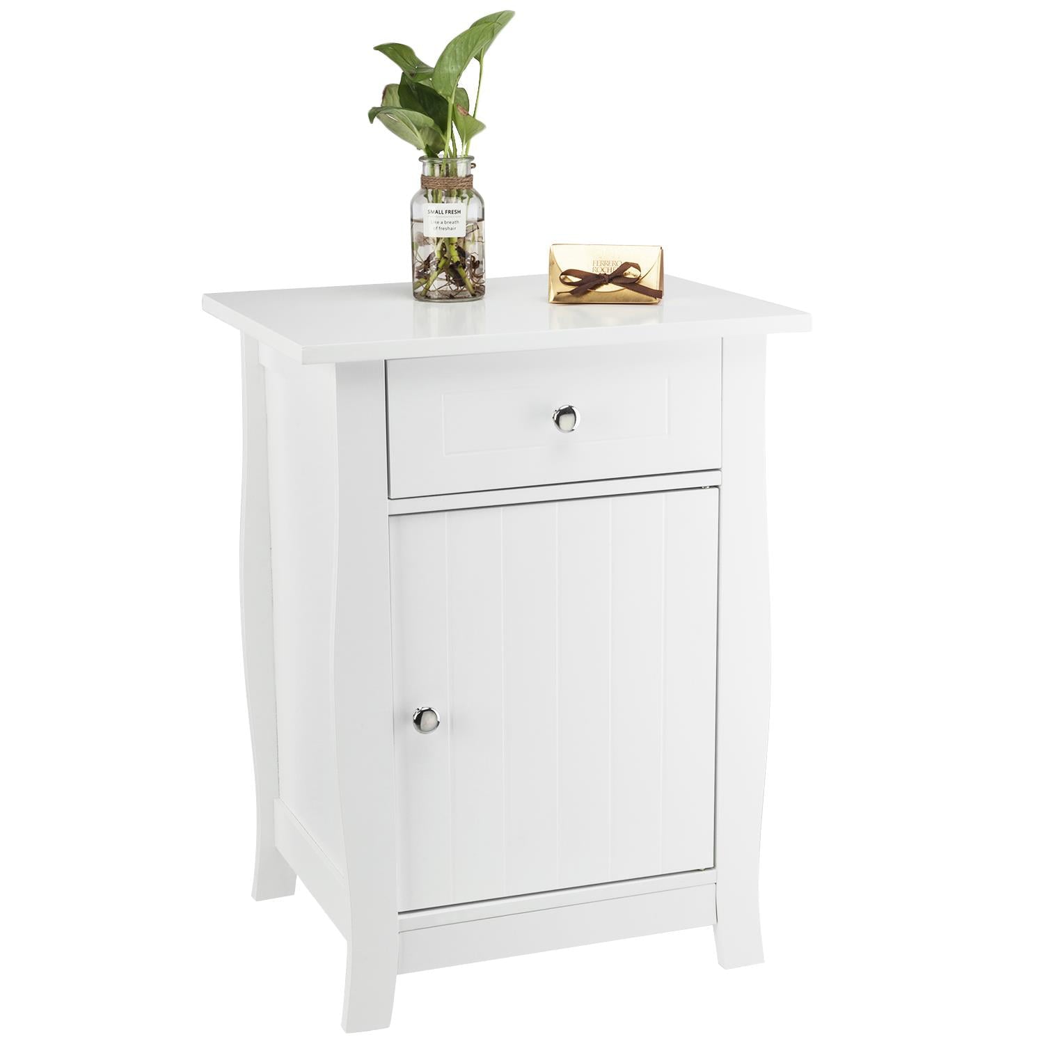 Zimtown  White Nightstand, End Table with Storage Cabinet and Drawer, Wooden Bedside Table, Large Capacity, Easy to Assemble