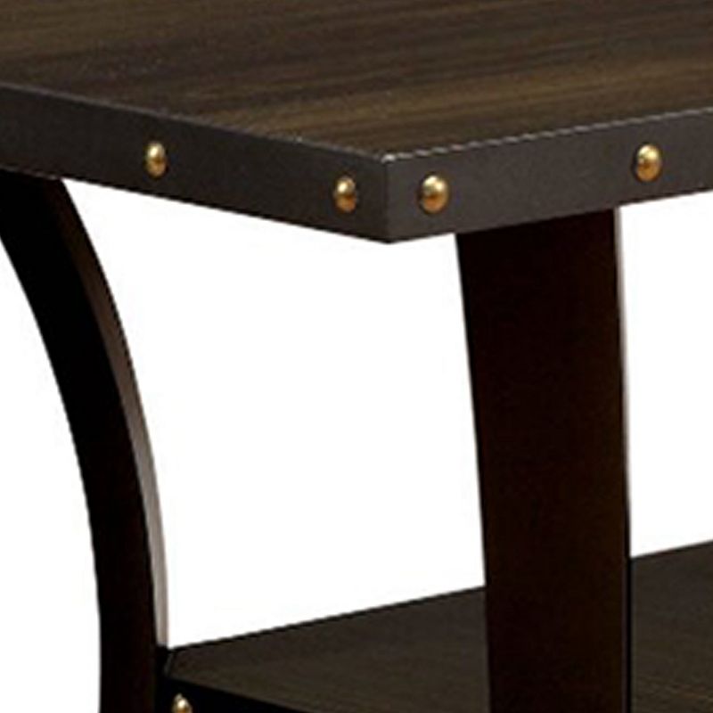 Transitional Wooden Dining Table with Nailhead Trim and Open Shelf， Brown