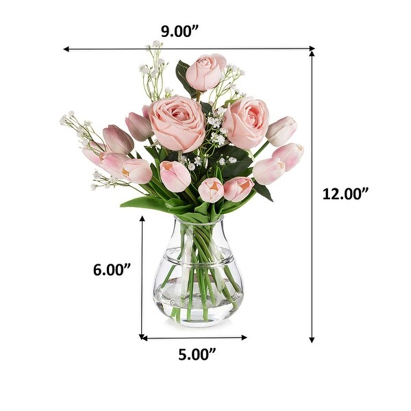 Mixed Rose and Tulip Flower Arrangement in Clear Glass Vase with Acrylic Water for Home Wedding Decoration