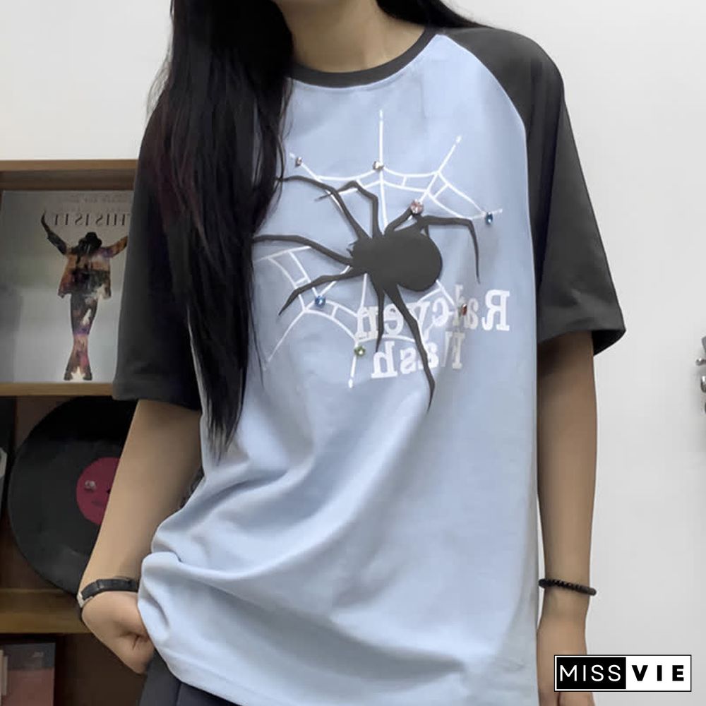 Letter Spider Print Round Collor Colorblock T-Shirt