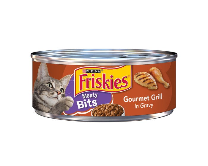 Purina Friskies Meaty Bits Gourmet Grill in Gravy Adult Wet Cat Food， 5.5 oz. Can