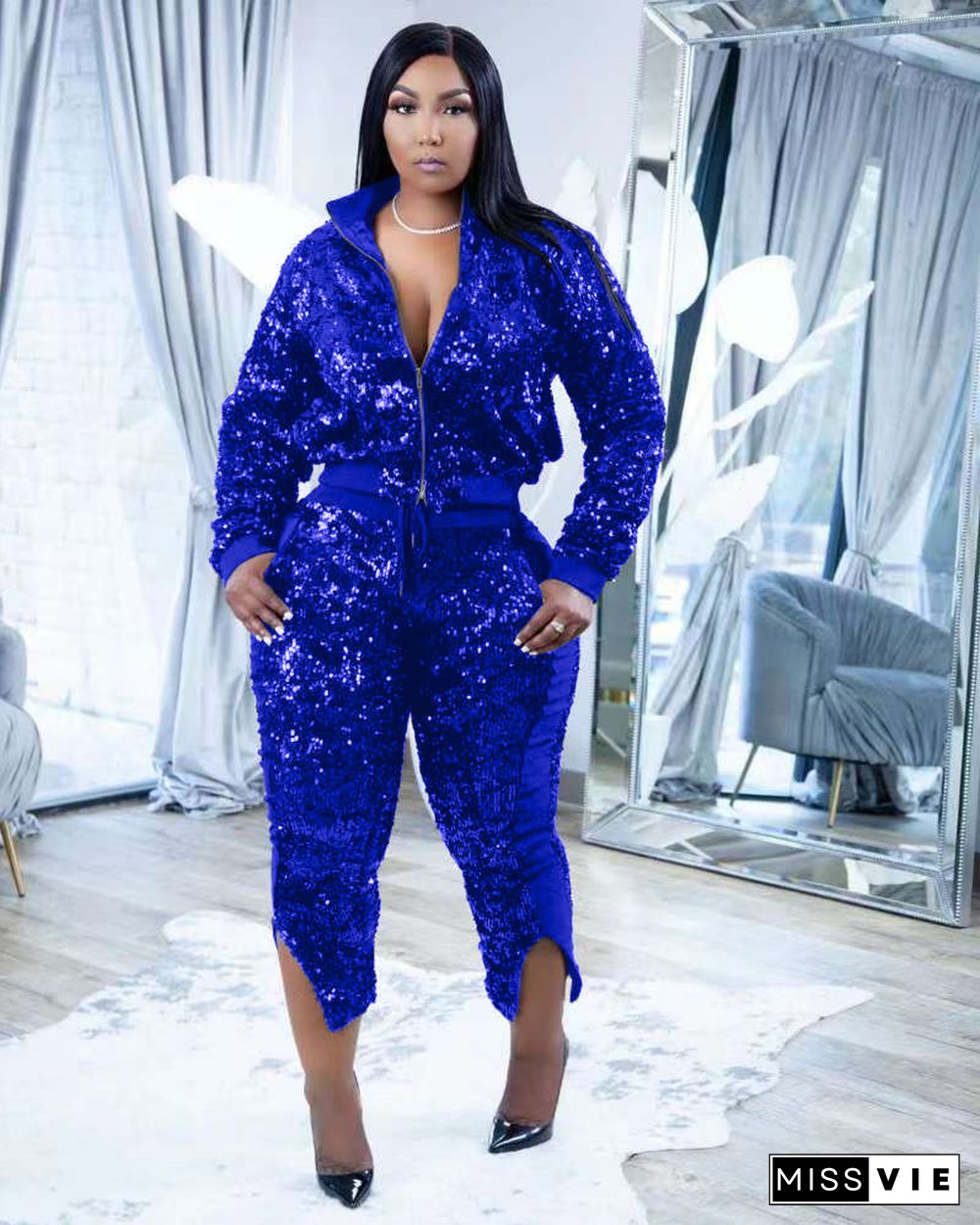 Sequins Zipper Fly Jacket and Pants Two Piece Set