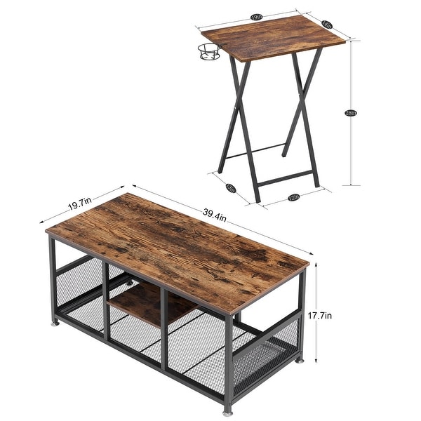 Mid Century 3-Piece Coffee Table Set Rustic Brown Sofa Table and Foldable Snack Side Table Set of 2