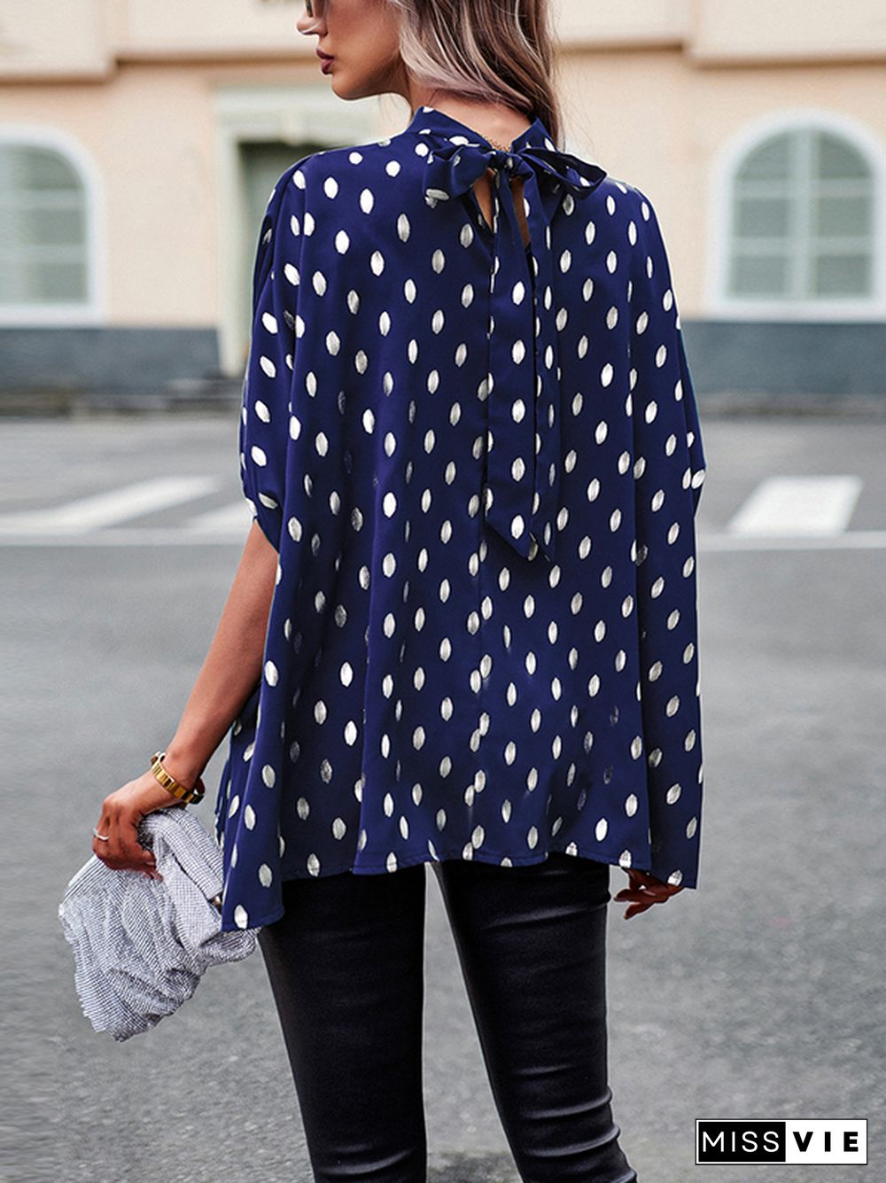 Loose Bandage Polka Dot Round-Neck Blouses&Shirts Tops