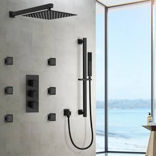 EVERSTEIN 3-Spray Patterns Thermostatic Wall Mount Rain Dual Shower Heads 2.5 GPM with 6-Jet in Matte Black (Valve Included) SFS-1016-BK12