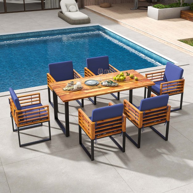 Costway 7pcs Patio Acacia Wood Dining Chair amp Table Set Heavy duty Space saving Outdoor