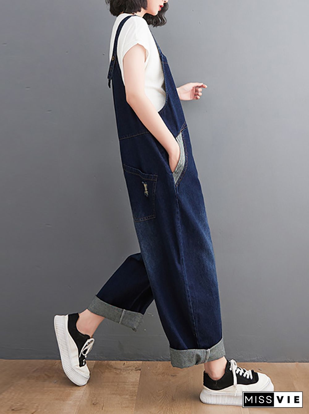 Casual Denim Contrast Color Split-Joint Overalls