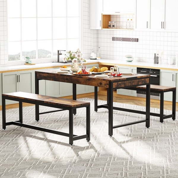 3 Piece Industrial Dining Table Set with Bench and Sided Drawer for Kitchen