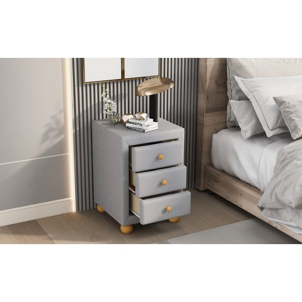 Upholstered Storage Nightstand with 3 Drawers and Natural Wood Knobs - - 36389189