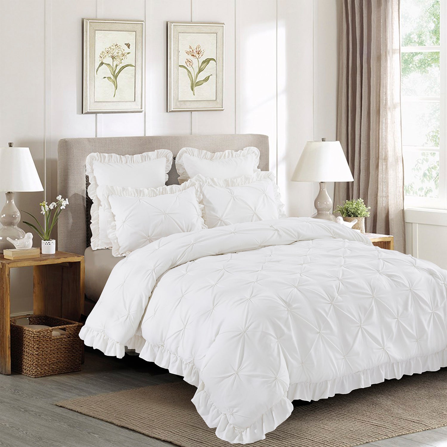 5 Piece Pinch Pleat Scallop Fringe Bedding Embroidered Comforter Set