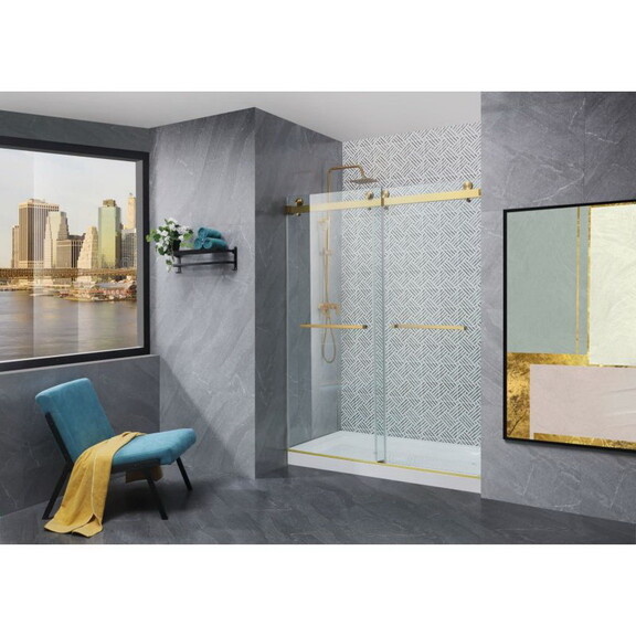 Frameless Double Sliding Shower Glass Door Gold 56...