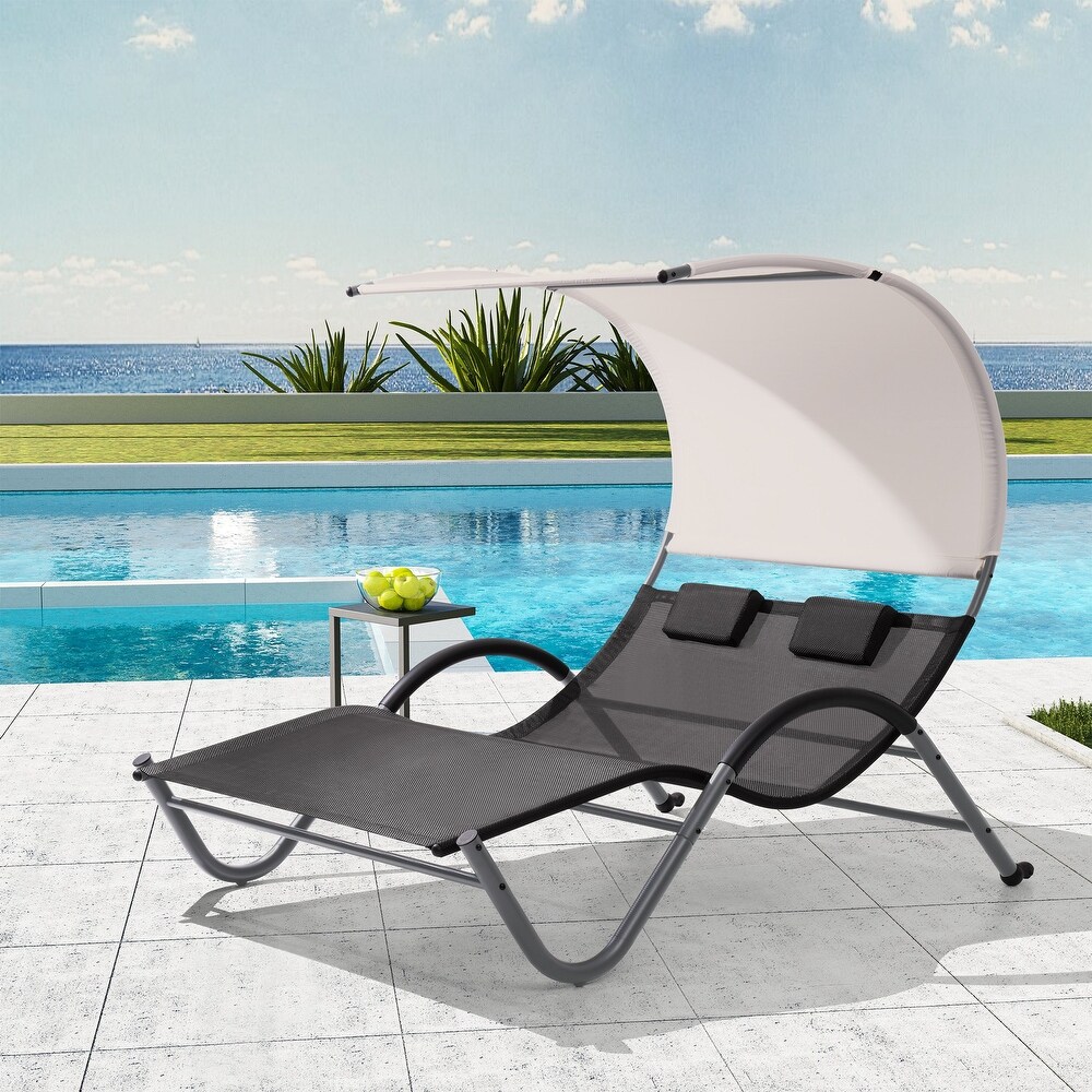 VredHom Outdoor Double Chaise Lounge with Wheels   Headrest   54.93 W x 72.84 L x 64.57 H inch