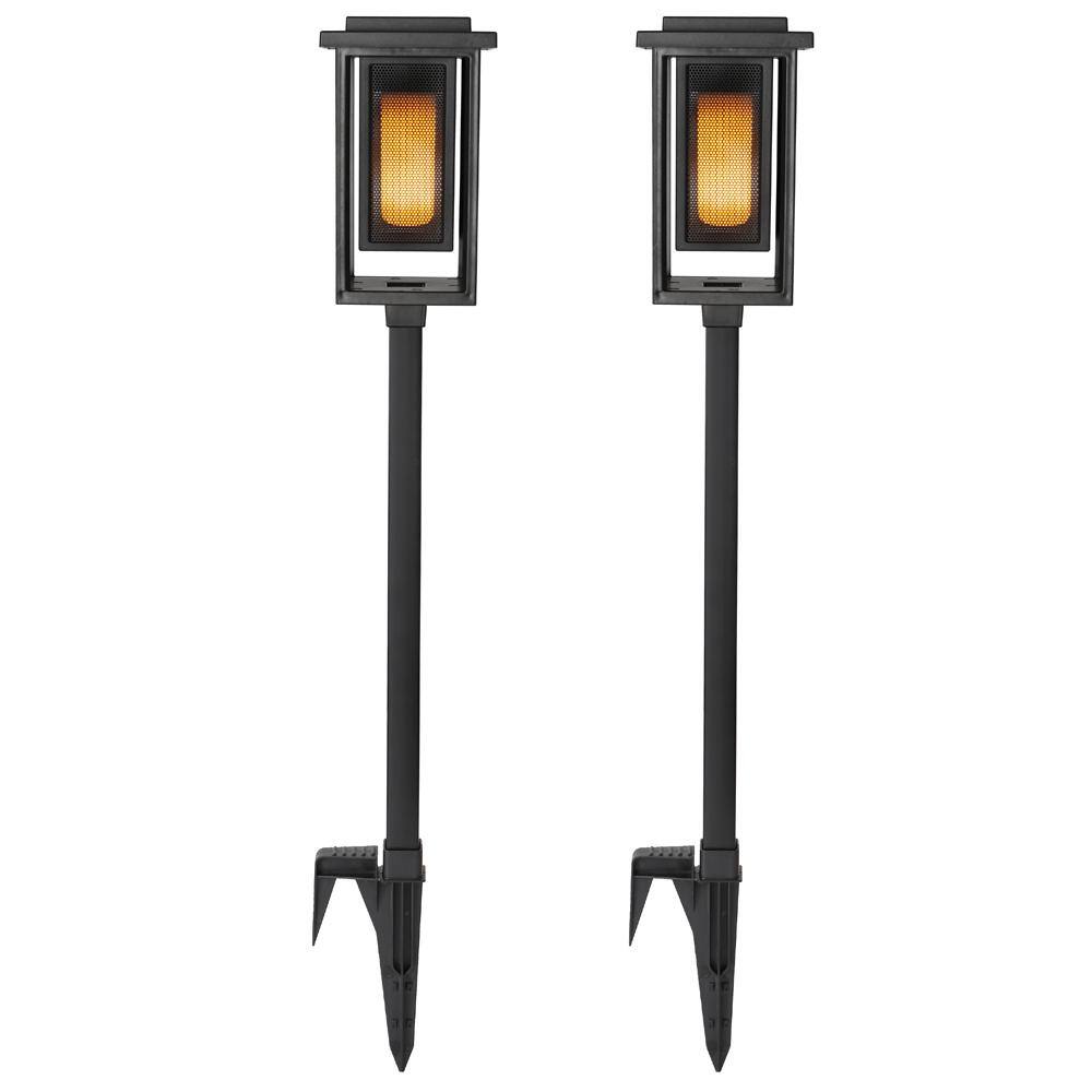 Hampton Bay Ambrose Solar 6 Lumens Matte Black Integrated LED Modern Flicker Flame Torch Path Light (2-Pack) Weather Resistant 93331