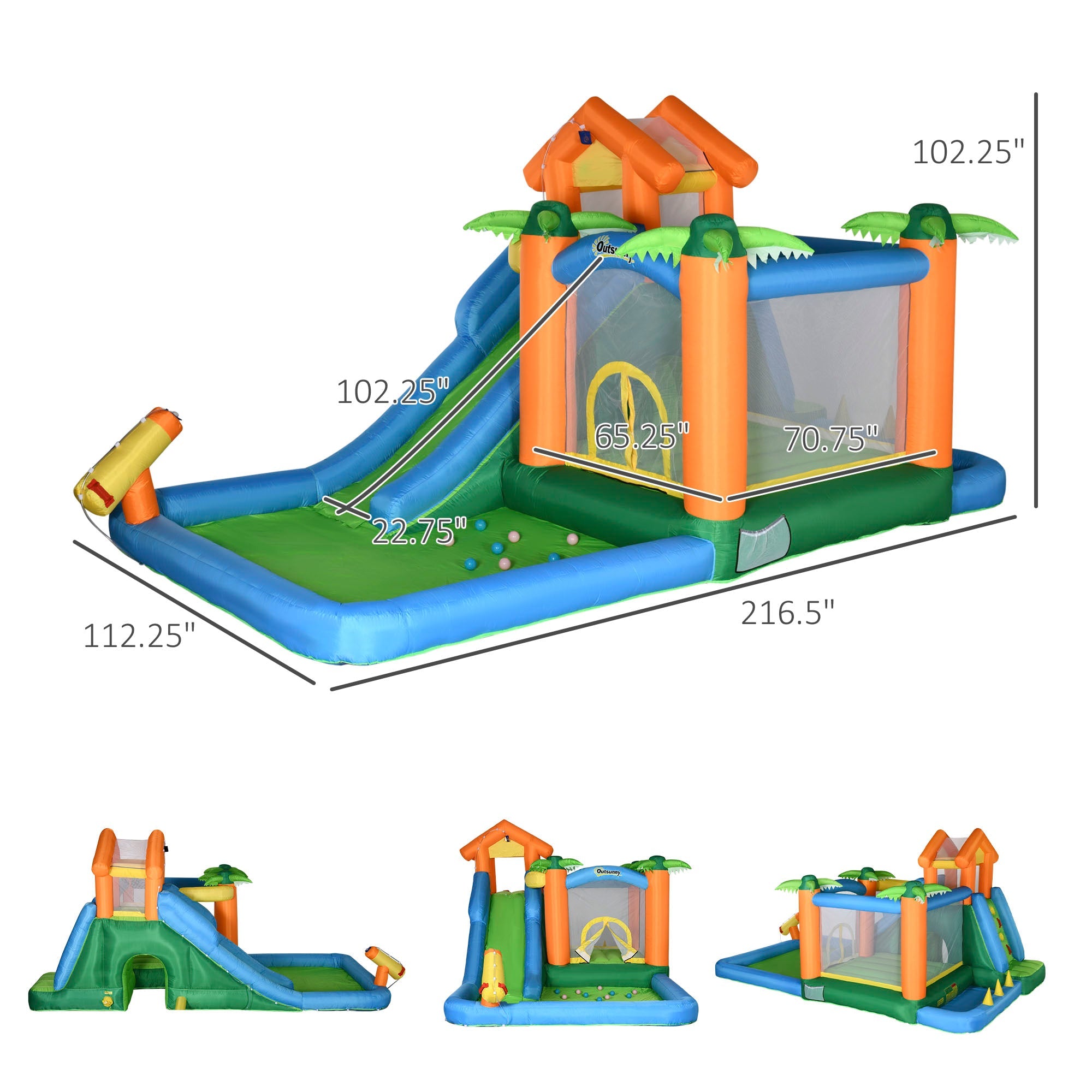 Outsunny 6-in-1 Tropical Inflatable Water Slide Summer Theme Jumping Castle Includes Floating Ball Slide Trampoline Pool Cannon Climbing Wall with Carry Bag, Repair Patches and 450W Air Blower