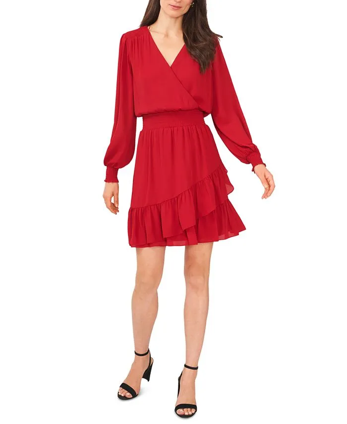 Women's Solid Smocked-Waist Ruffled-Hem Surplice-Neck Dress