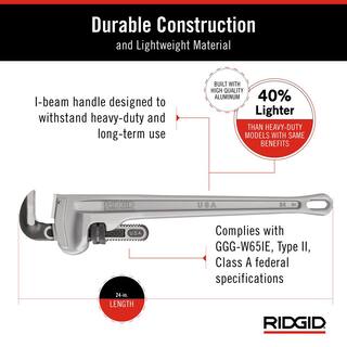 RIDGID 24 in. Aluminum Straight Pipe Wrench for Plumbing Sturdy Plumbing Pipe Tool with Self Cleaning Threads and Hook Jaws 31105