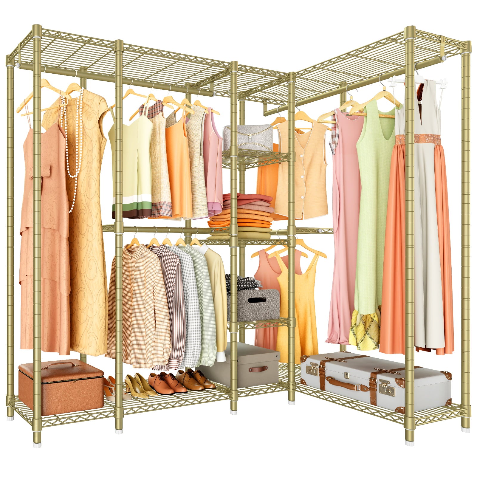 VIPEK L50 Wire Garment Rack L Shaped Clothes Rack for Corner, Protable Freestanding Wardrobe Closet Rack Heavy Duty Clothing Rack Clothes Storage Organizer Closet for Bedroom, 67.5"Lx38"Wx76.4"H, Gold