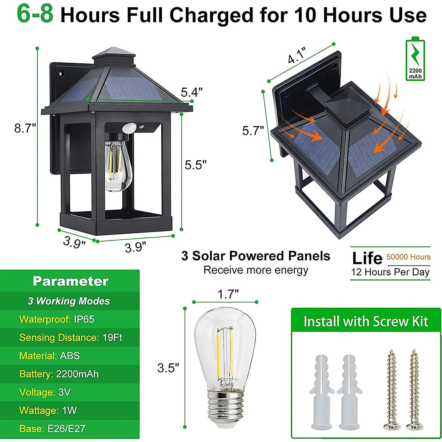 Dexusay Solar Wall Light Outdoor With 3 Lighting Modes， Dusk To . Led Wall Mount Sconce Exterior . Sensor Security Porch Lantern Light Fixture Waterpr