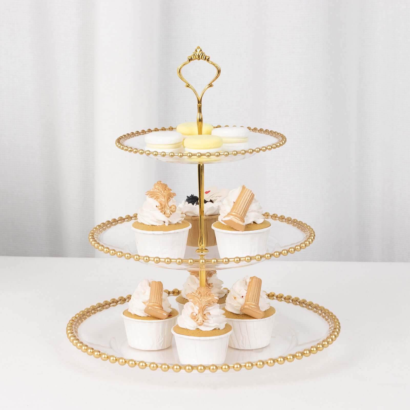 Clear 3-Tier Round Plastic Cupcake Tower Stand with Gold Beaded Rim, Dessert Display Tea Party Serving Platter With Top Handle - 14