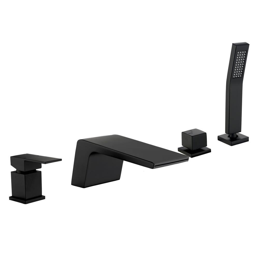 Zalerock Waterfall Single-Handle Deck-Mount Roman Tub Faucet with Hand Shower in Matte Black SSLTC0502B