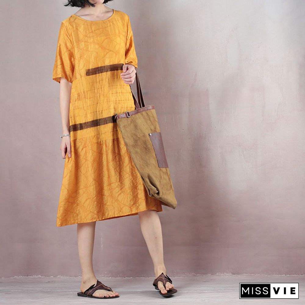 boutique yellow pure linen dresses oversized linen dress casual short sleeve Jacquard O neck linen dress