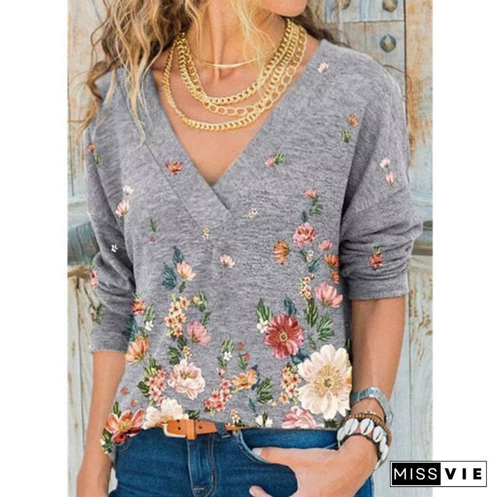 Snake Yx Women'S Clothing Autumn And Winter New Fashion Women'S V-Neck Flower Print Long-Sleeved Casual Loose T-Shirt Plus Size