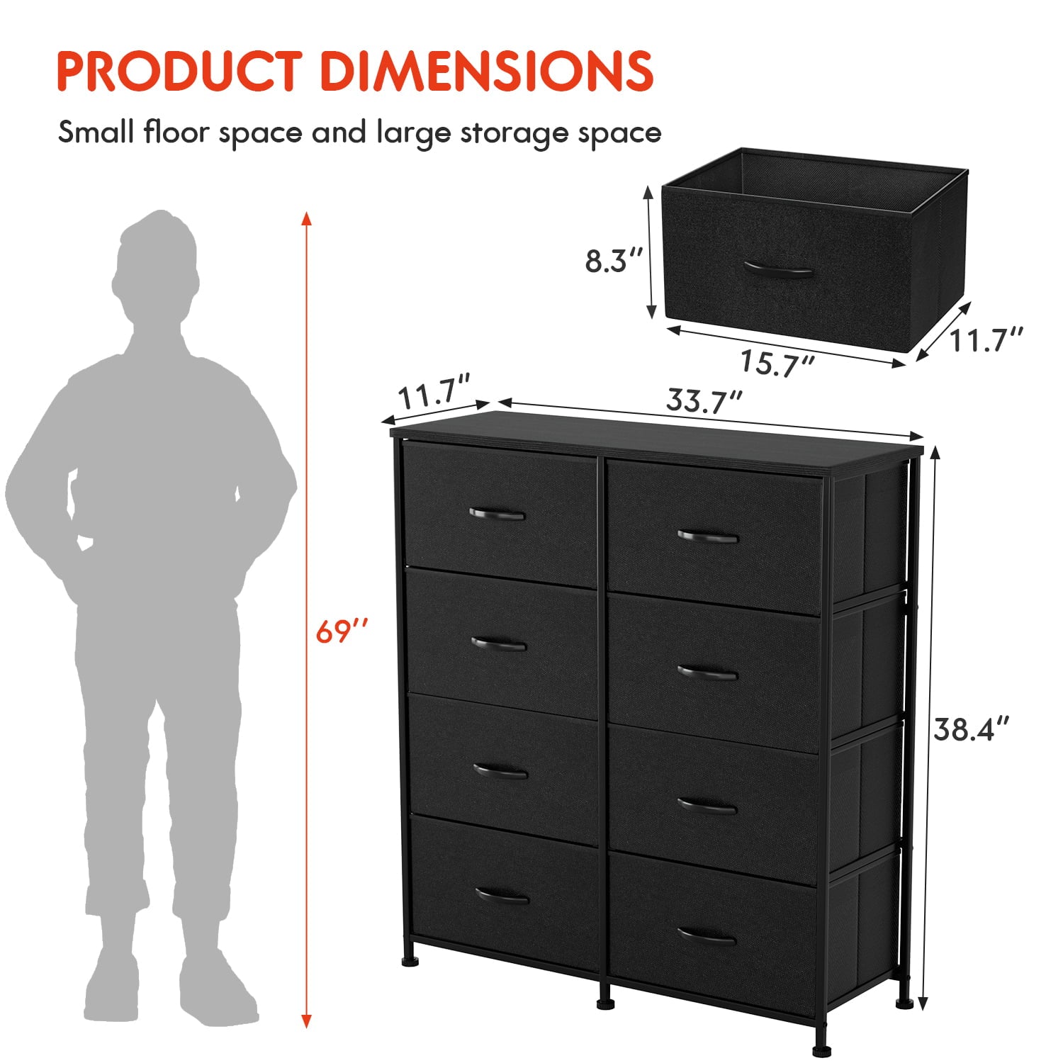 Vineego Dresser for Bedroom with 8 Drawers, Wide Chest of Drawers, Fabric Dresser,Black