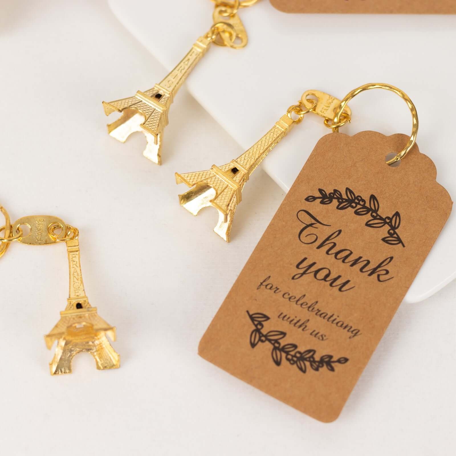 10 Pack Gold Plastic Paris Eiffel Tower Keychain Party Favor, Wedding Bridal Shower Souvenirs With Thank You Tag - 4