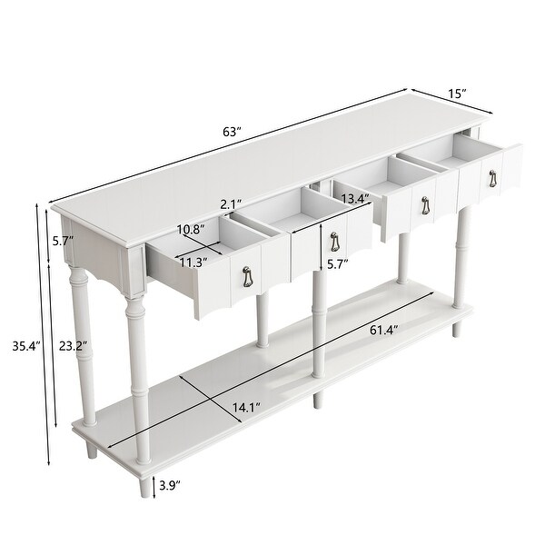 Country Console Table with 4 Front Facing Storage Drawers and 1 Shelf