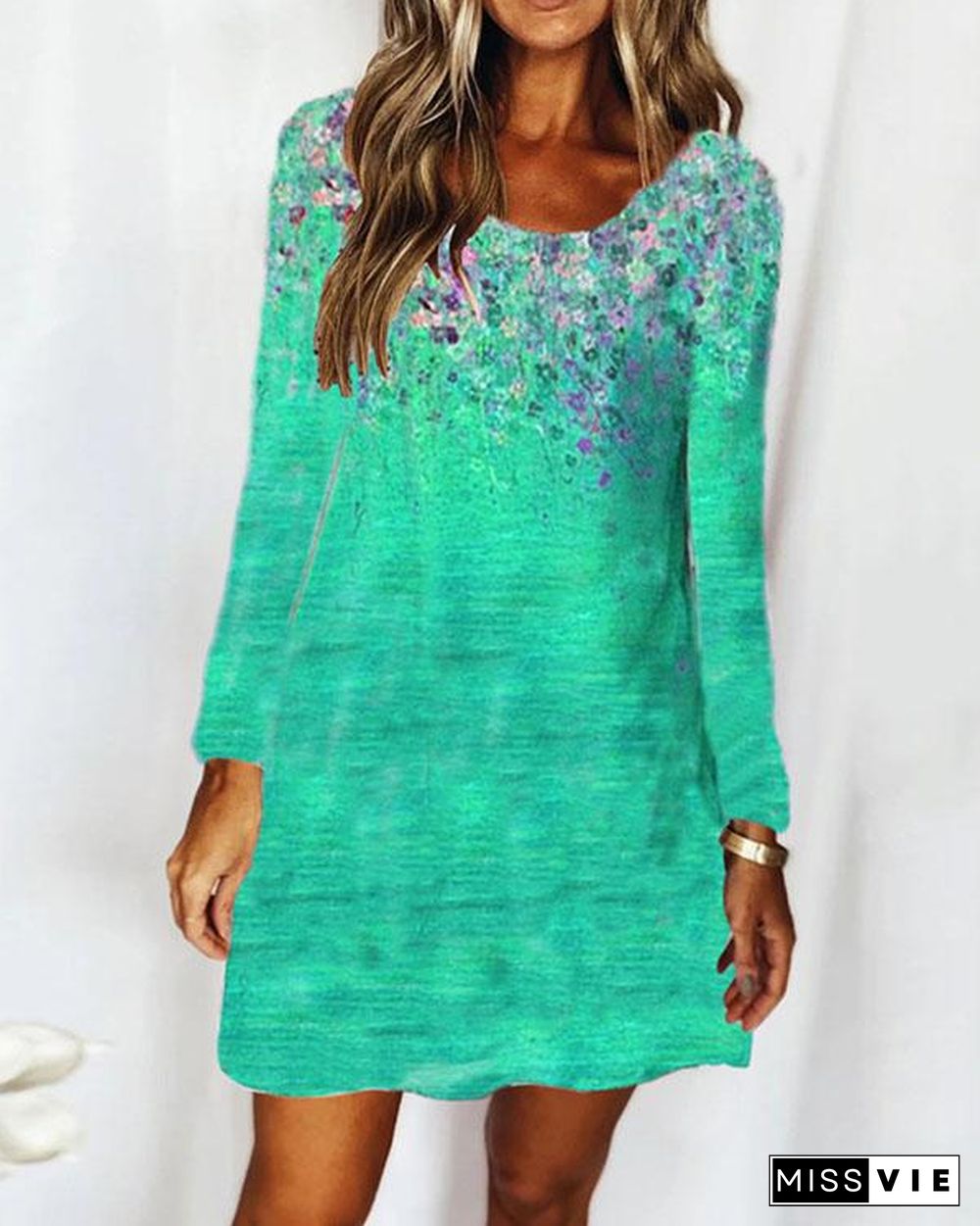 Casual Round Neck Long Sleeve Floral Ombre Dress