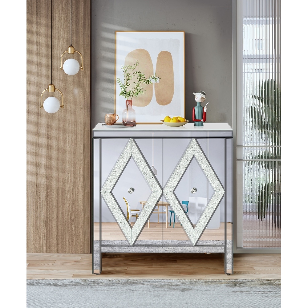 Storage Cabinet with Mirror Trim and Diamond Shape Design  Silver  for Living Room  Dining Room  Entryway  Kitchen