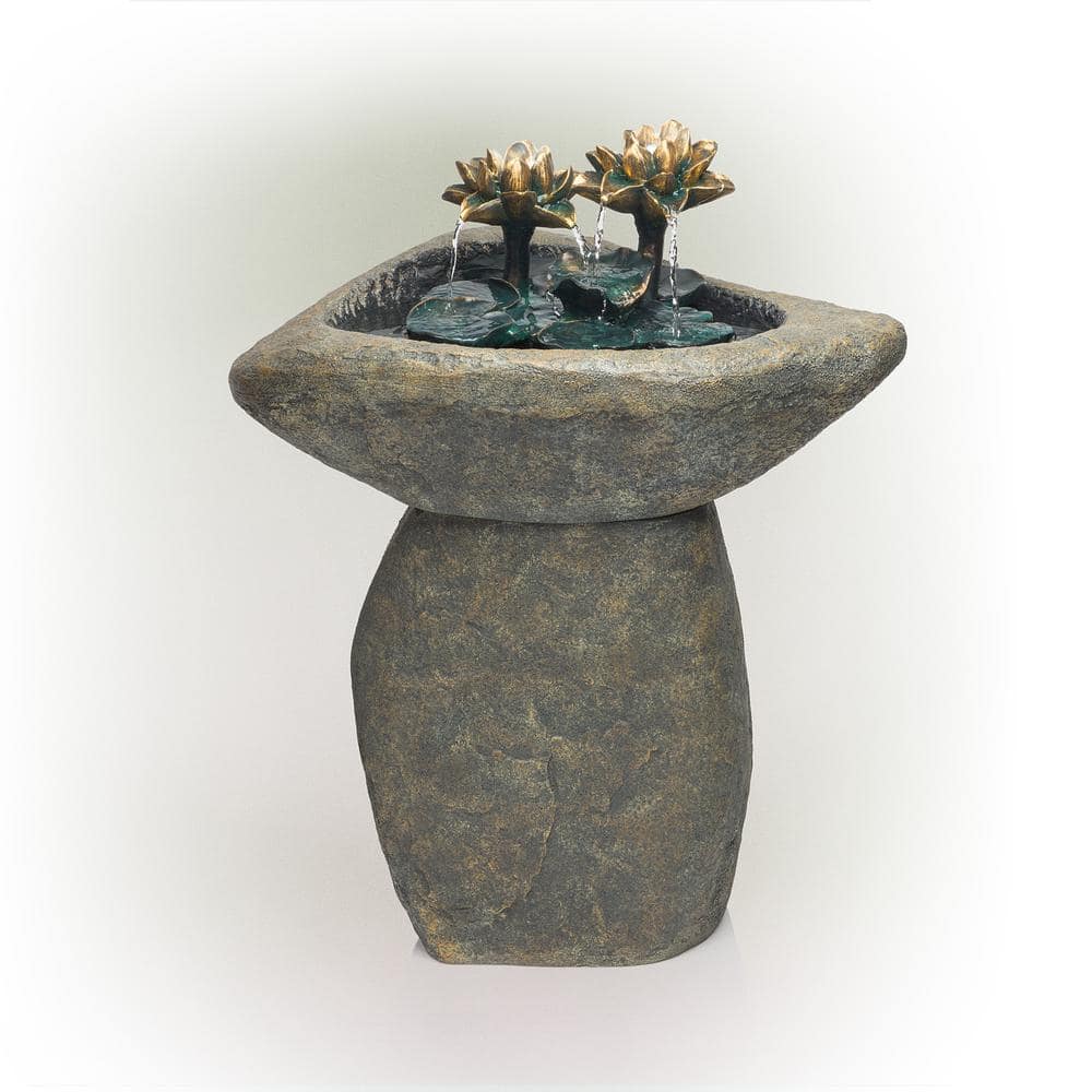 Alpine Corporation 30 in. Tall Outdoor Pedestal Lotus Rock Waterfall Fountain with LED Lights USA1393