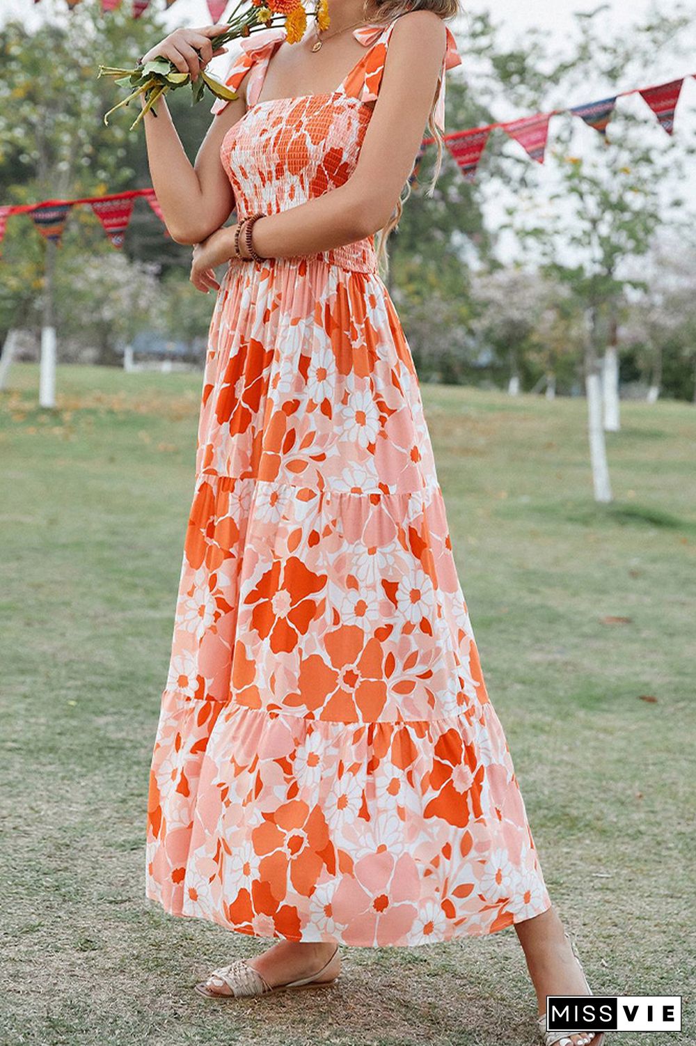 Orange Floral Tie Strap Smocked Maxi Dress