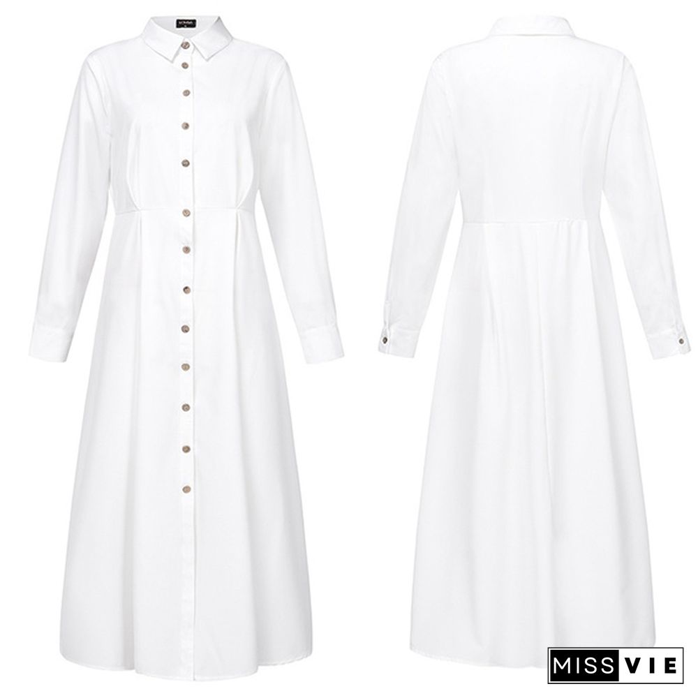 Plus Size Women Buttons Front Shirt Dress Long Sleeve Formal Long Dress Ladies Office Cardigan