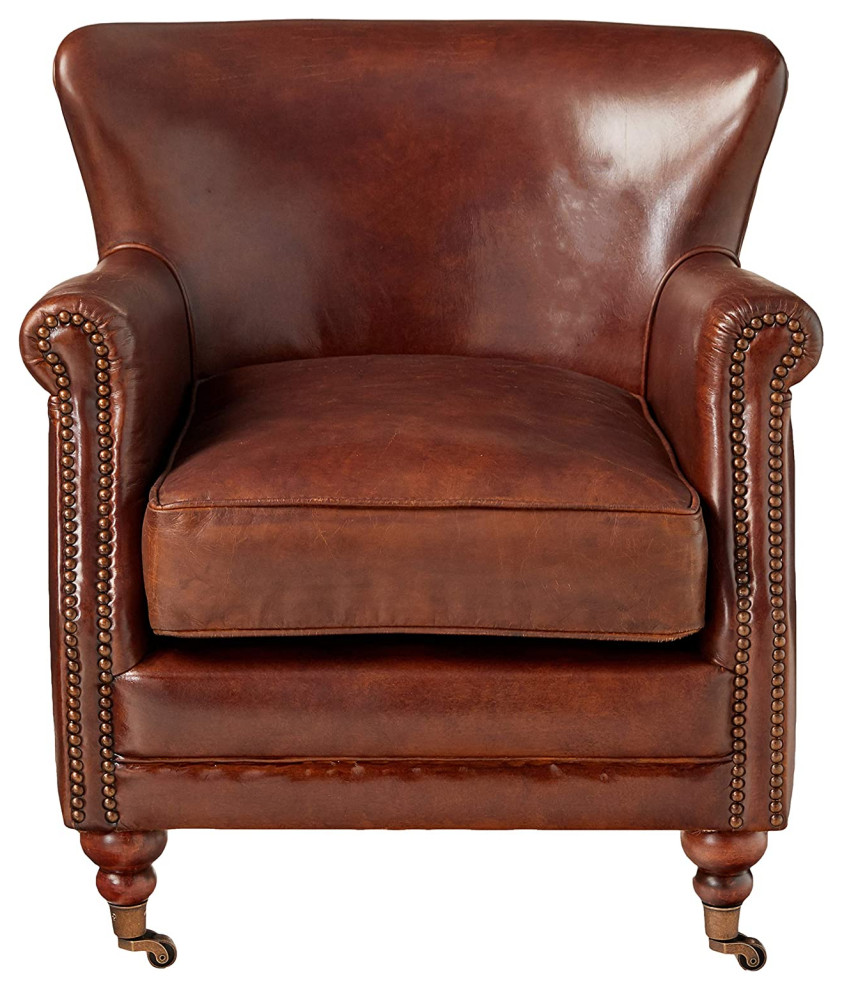 Elegant Accent Chair  Grain Leather Seat With Rolled Arms and Nailhead Trim   Traditional   Armchairs And Accent Chairs   by Declusia  Houzz