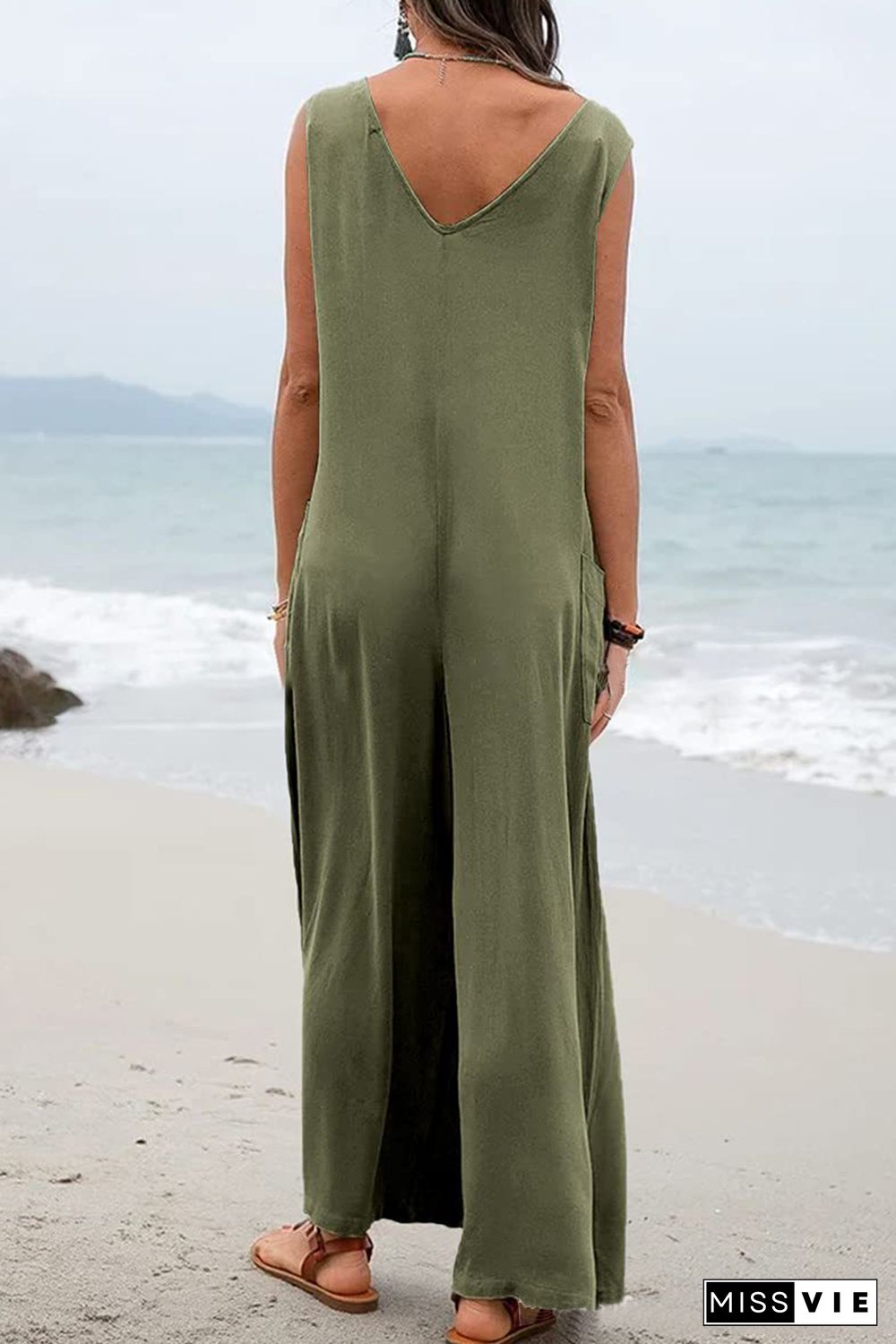 Green Sleeveless V Neck Wide Leg Jumpsuit with Pockets