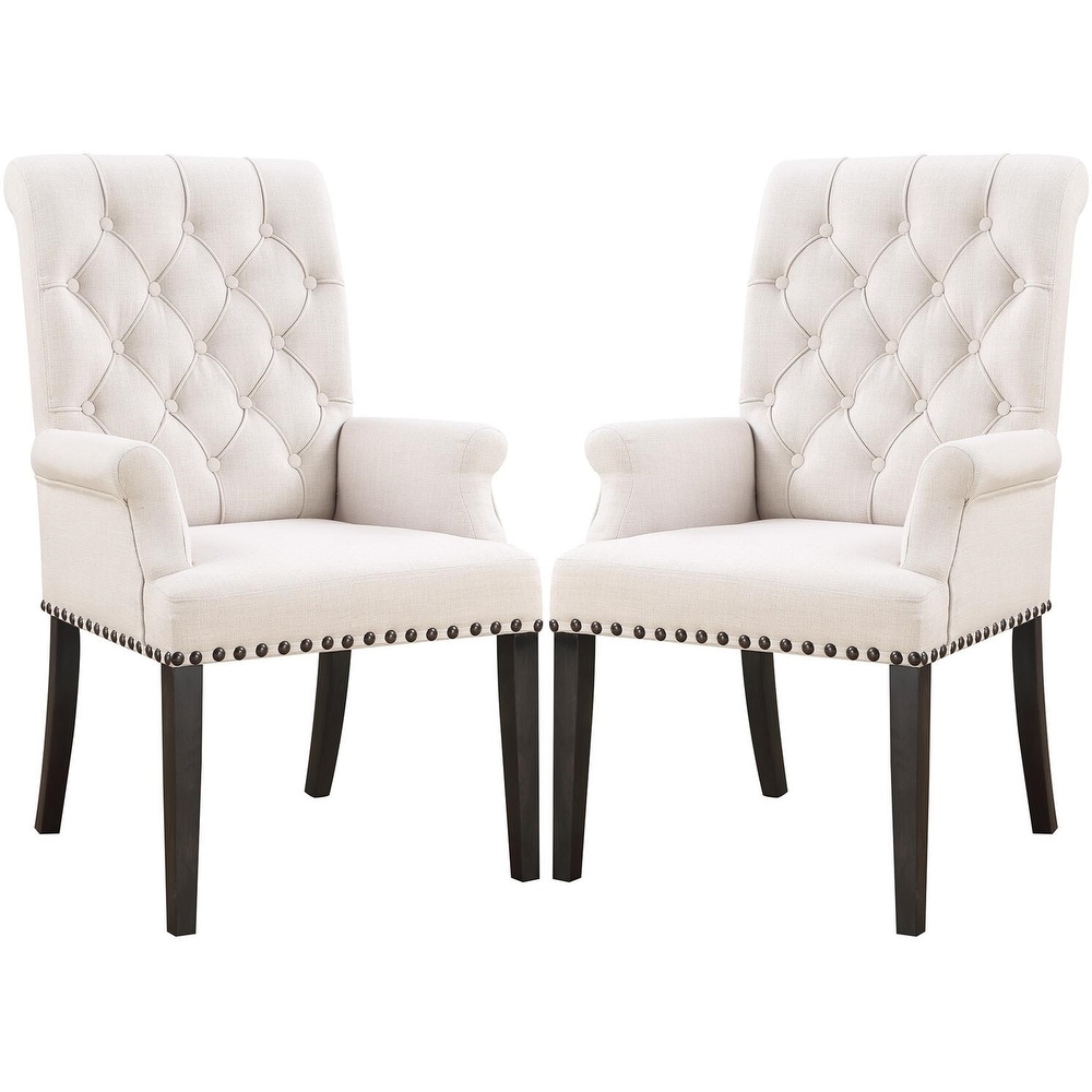 Decorative Rolled Button Beige Tufted Arm Chair with Nailhead Trim