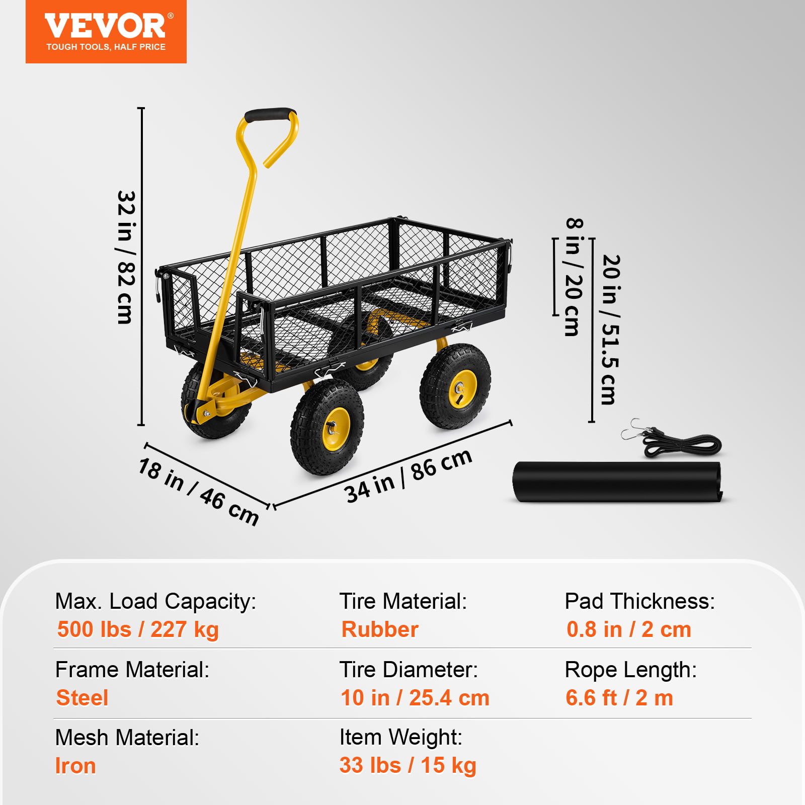 BENTISIM Steel Garden Cart， Heavy Duty 500 lbs Capacity， with Removable Mesh Sides to Convert into Flatbed， Utility Metal Wagon with 180° Rotating Handle and 10 in Tires， Perfect for Garden