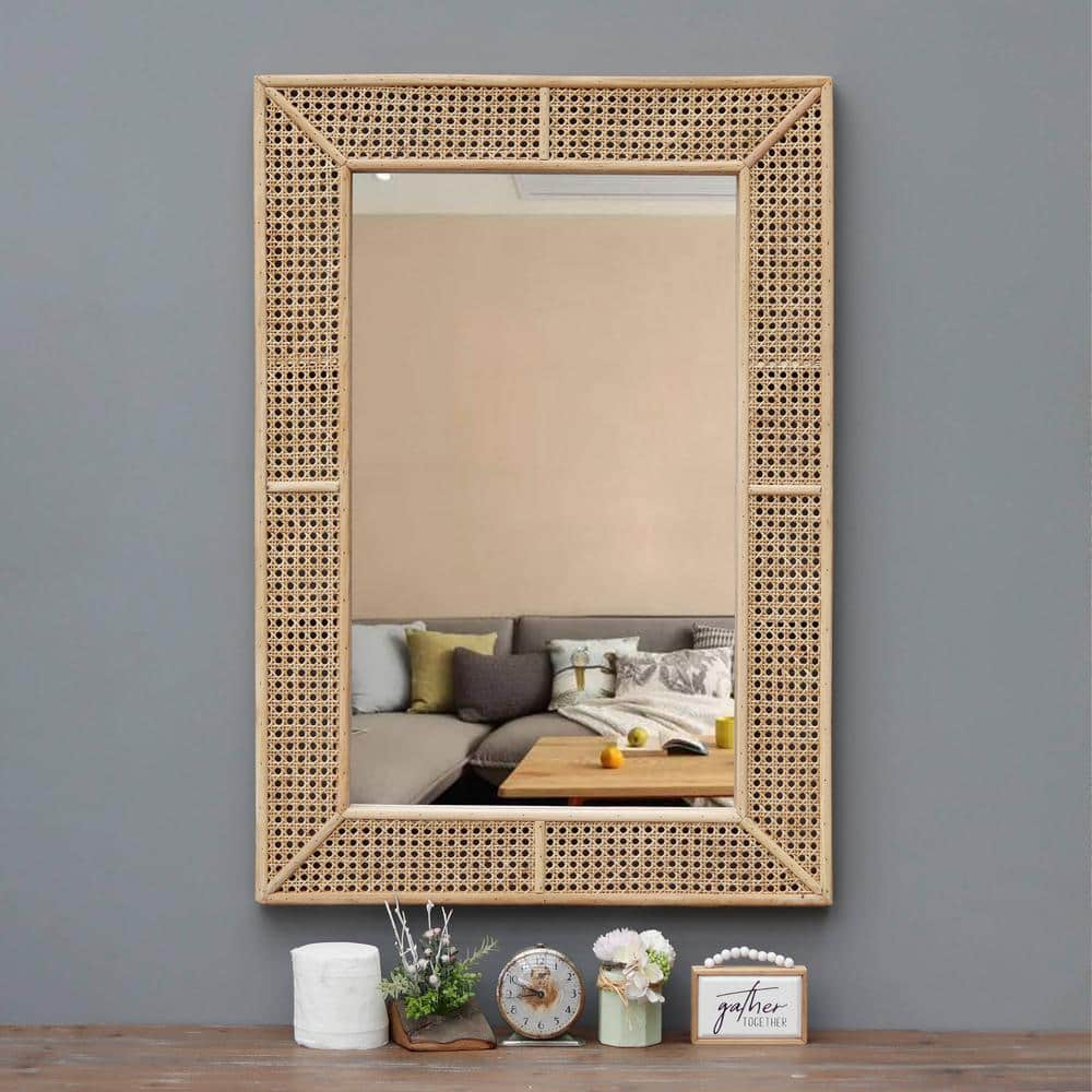 PARISLOFT 37.875 in. H x 26.375 in. W Rectangular Rattan Framed Natural Wall Mirror JT1202