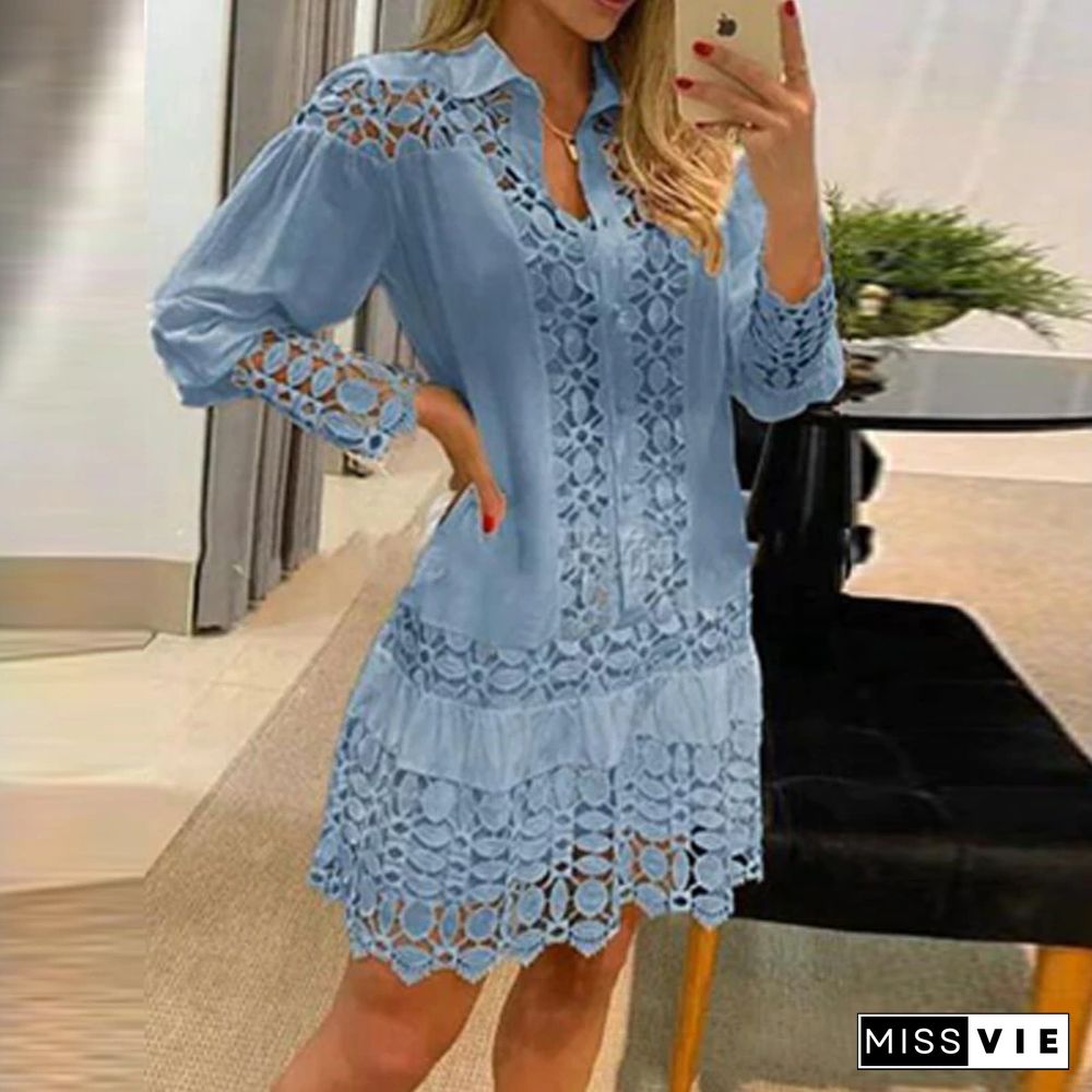 New Elegant Hollow Out Ruffle Women Dress Fashion Solid Color Casual Shirt Dresses Autumn Long Sleeve Loose Sexy Mini Dress