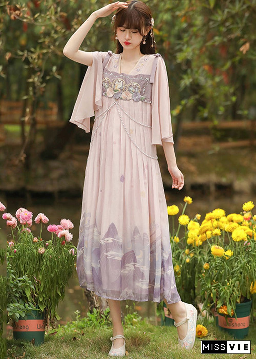 Cute Pink Embroideried Wrinkled Patchwork Chiffon Dress Half Sleeve