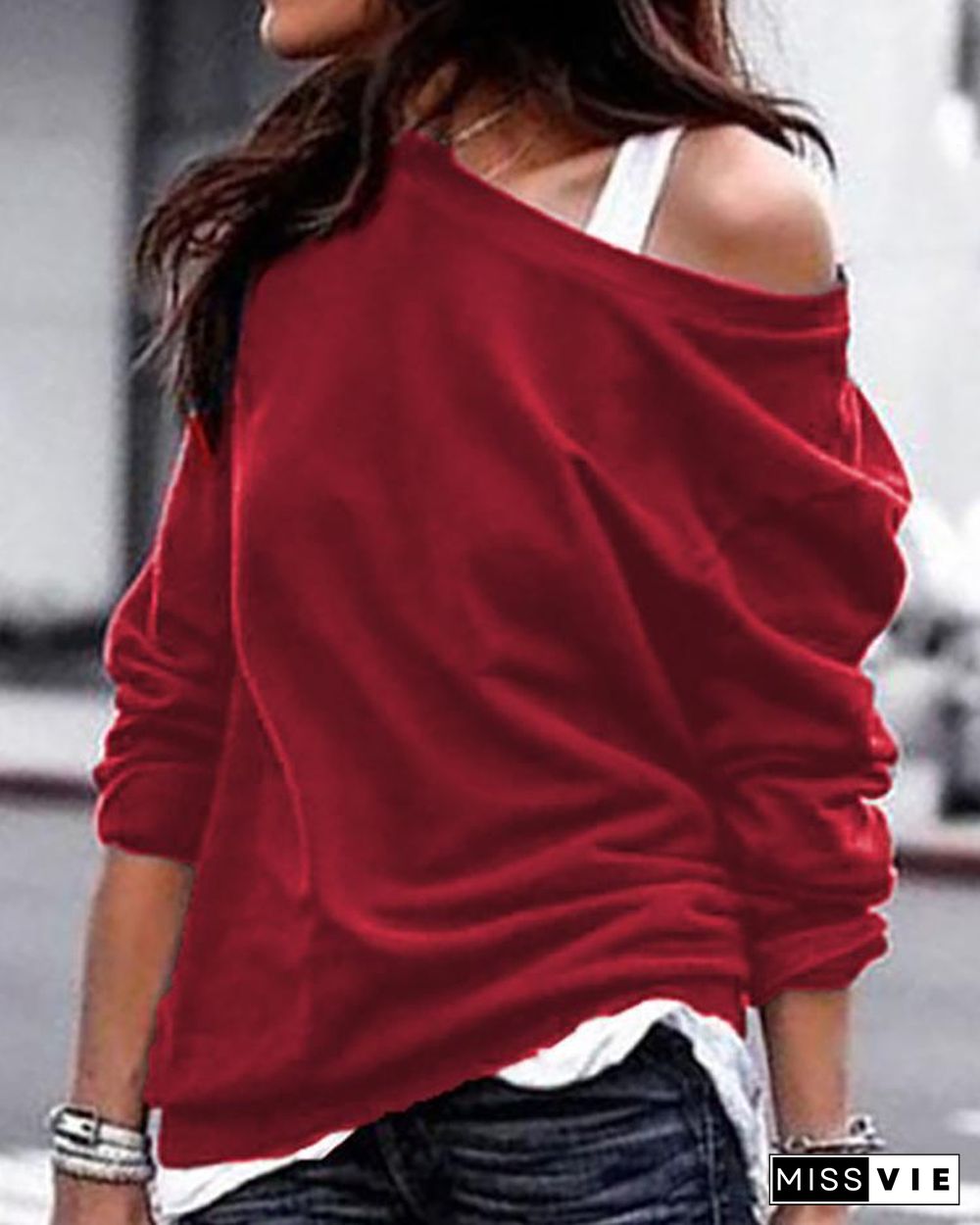 Solid Skew Neck Long Sleeve Casual T-Shirt P15279